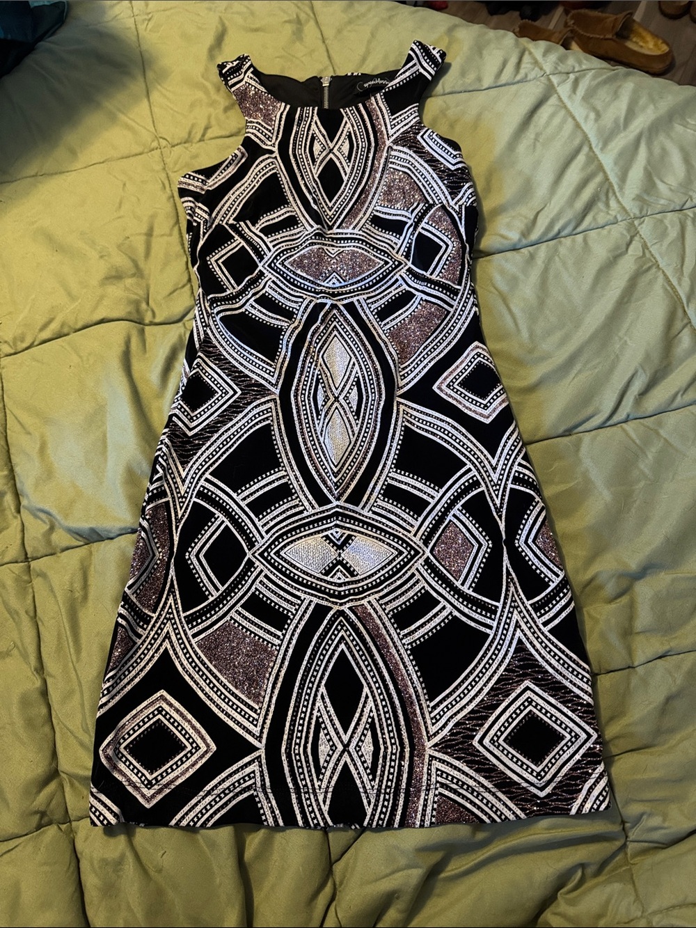 Black, White & Rose Gold Glitter Geometric Sleeveless Dress
